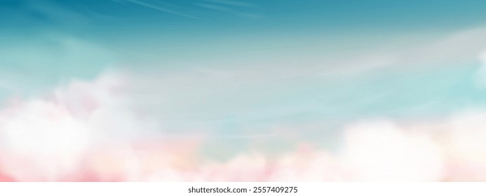 Sky Background,Pink color abstract fluffy cloud,Cartoon Morning Summer Sky pastel blue,yellow,Fantasy dramatic soft orange Sunset in Autumn,Vector illustration fairy mystic blur sunrise in Winter