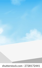 Sky Background,Podium for product platform for summer,Minimal abstract 3d display on blue sky,cloud.White stand mockup for cosmetics business design.Vector Nature Spring landscape for holiday banner