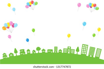 cielo con globo y paisaje urbano - material de fondo -