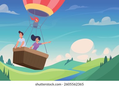 Sky balloon exploration. Happy travelers exploring outdoors and flying in hot air balloons exact Vector background illustration in a cartoon style