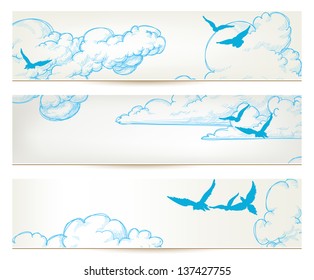 Sky banners  clouds   blue birds vector backgrounds