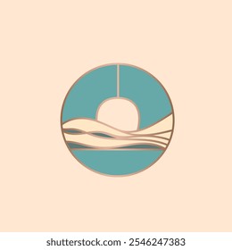 Sky, beach, ocean sea, sun concept. Environment circle logo emblem. Modern, geometric, organic, spa style landscape icon isolated on light fund. Circular deco design lines for holiday resort.