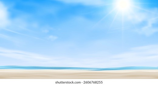 Sky Beach Summer Background With Sun, Blue Light, Sea And Bright Hot Weather, Horizontal Ocean View, Tropical Nature Abstract Vector Design For Travel Banner, Spring Landscape And Clouds
