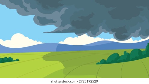 Himmel vor Sturm, grünes Feld mit donnernden schwarzen Wolken