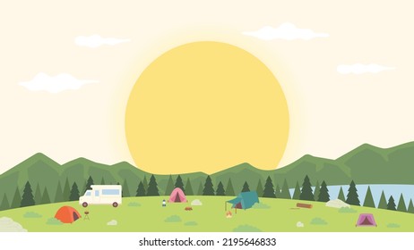 The sky with a big sun setting. Many camping tents in nature with mountains and lakes. flat design style vector illustration.