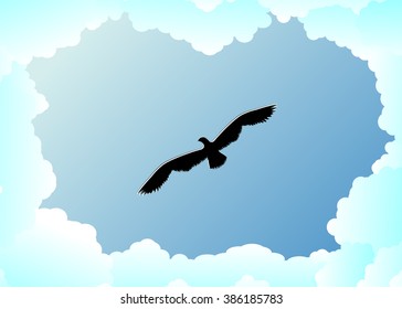 sky and bird. The blue sky with clouds and a silhouette of a bird