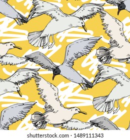 Sky bird seagull in a wildlife. Wild freedom, bird with a flying wings. Black and white engraved ink art. Seamless background pattern. Fabric wallpaper print texture.