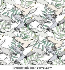 Sky bird seagull in a wildlife. Wild freedom, bird with a flying wings. Black and white engraved ink art. Seamless background pattern. Fabric wallpaper print texture.