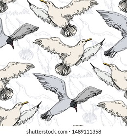 Sky bird seagull in a wildlife. Wild freedom, bird with a flying wings. Black and white engraved ink art. Seamless background pattern. Fabric wallpaper print texture.