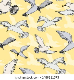 Sky bird seagull in a wildlife. Wild freedom, bird with a flying wings. Black and white engraved ink art. Seamless background pattern. Fabric wallpaper print texture.