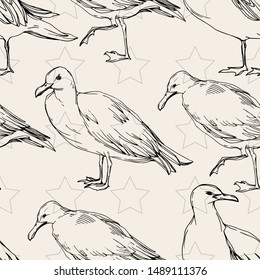 Sky bird seagull in a wildlife. Wild freedom, bird with a flying wings. Black and white engraved ink art. Seamless background pattern. Fabric wallpaper print texture.