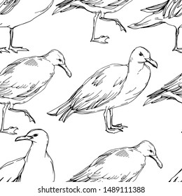 Sky bird seagull in a wildlife. Wild freedom, bird with a flying wings. Black and white engraved ink art. Seamless background pattern. Fabric wallpaper print texture.