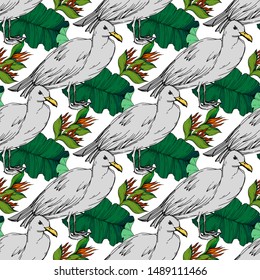 Sky bird seagull in a wildlife. Wild freedom, bird with a flying wings. Black and white engraved ink art. Seamless background pattern. Fabric wallpaper print texture.