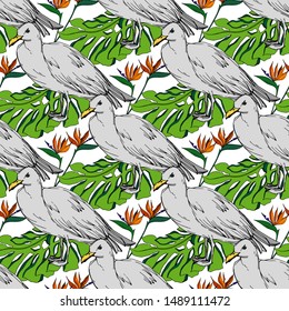 Sky bird seagull in a wildlife. Wild freedom, bird with a flying wings. Black and white engraved ink art. Seamless background pattern. Fabric wallpaper print texture.