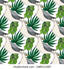 Sky bird seagull in a wildlife. Wild freedom, bird with a flying wings. Black and white engraved ink art. Seamless background pattern. Fabric wallpaper print texture.