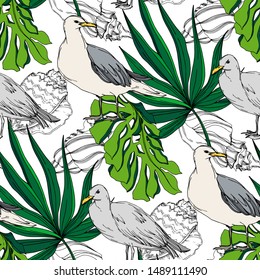 Sky bird seagull in a wildlife. Wild freedom, bird with a flying wings. Black and white engraved ink art. Seamless background pattern. Fabric wallpaper print texture.