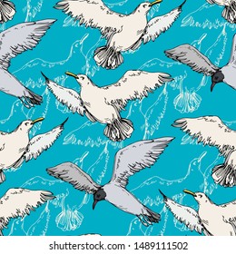 Sky bird seagull in a wildlife. Wild freedom, bird with a flying wings. Black and white engraved ink art. Seamless background pattern. Fabric wallpaper print texture.