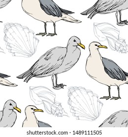 Sky bird seagull in a wildlife. Wild freedom, bird with a flying wings. Black and white engraved ink art. Seamless background pattern. Fabric wallpaper print texture.
