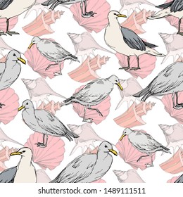 Sky bird seagull in a wildlife. Wild freedom, bird with a flying wings. Black and white engraved ink art. Seamless background pattern. Fabric wallpaper print texture.