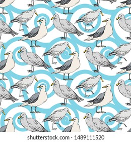 Sky bird seagull in a wildlife. Wild freedom, bird with a flying wings. Black and white engraved ink art. Seamless background pattern. Fabric wallpaper print texture.