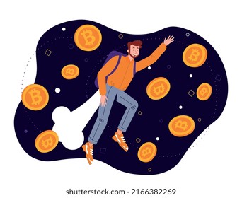 Cielo con bitcoines. Un chico joven con jetpack vuela en el cielo. Alfabetización financiera y criptomonedas. Inversiones en blockchain. Inversor y empresario exitoso. Dibujo vectorial plano de dibujos animados