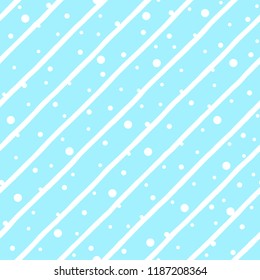 Sky blue abstract seamless vector pattern. Parallel diagonal stripes, bars, inclined streaks with chaotic dot, snow, snowflakes, flakes texture. New Year, Christmas winter geometrical flat background.