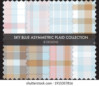 Sky Blue Asymmetric Plaid seamless pattern collection includes 8 designs for fashion textiles and graphics