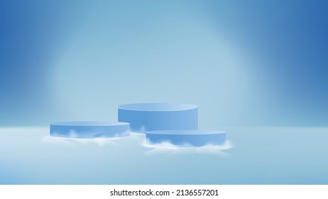 sky blue background with 3 podiums for product background or advertising banner