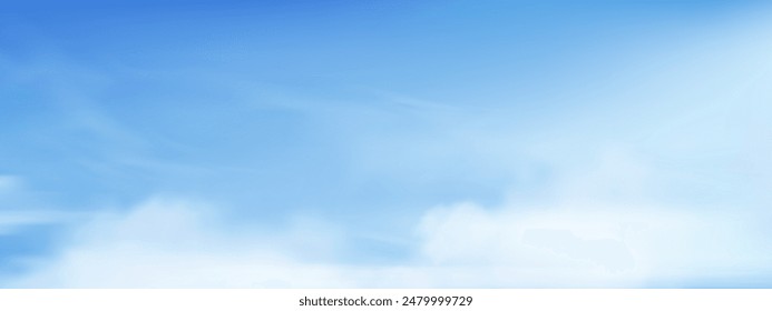 Sky Blue Background, Abstract Cloud Texture with Light in Summer, Nature Clear Sky White Cloudy in Sunny Day Winter, Vector Cartoon Spring Banner