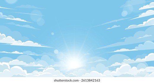Sky Blue Background With Cloud, Summer Clear Spring White Sun Over Beach, Dramatic Landscape Vector Banner, Day Cartoon Horizontal Horizon, Sunset Beautiful Field, Bright Color Scenery.