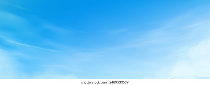 Sky Blue Background and Cloud.Nature Summer Clear Sky by Beach.Spring Landscape, white cloud.Vector banner cartoon beautiful scenery before sunset. Horizon bright light in sunny day Winter