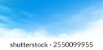 Sky Blue Background and Cloud.Summer Clear Sky by Beach.Spring Landscape and white dramatic cloudy and sun.Vector  cartoon beautiful scenery before sunset banner.Horizon cloud field, bright sunny day