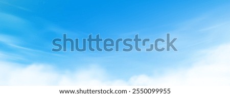 Sky Blue Background and Cloud.Summer Clear Sky by Beach.Spring Landscape and white dramatic cloudy and sun.Vector  cartoon beautiful scenery before sunset banner.Horizon cloud field, bright sunny day