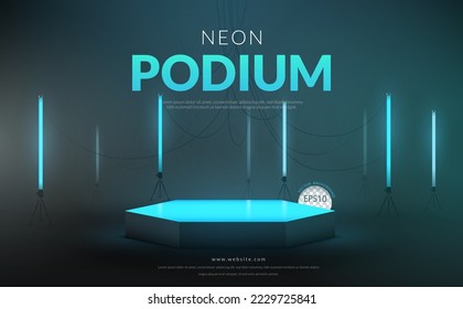 Sky blue background concept, Podium with blue neon light on black background for product display, Vector illustration