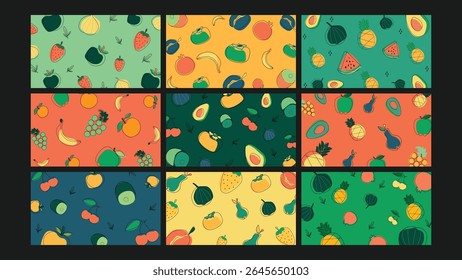 Sky blue background with pineapples, pears, and avocados in a bold hand-drawn style, perfect for tropical fruit designs with a vibrant and healthy appeal.