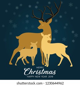 Sky blue background with Reindeer family for christmas. Merry Christmas lettering. New year card. Vector illustration