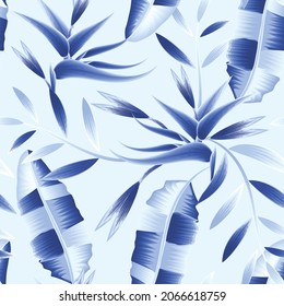 sky blue background vector design with beautiful elegance bird of paradise flower and banana leaves tropical seamless pattern plants fashionable. summer design. exotic tropics. jungle print