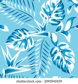 sky blue background vector design decorative with tropical monstera fern leaves and strelitzia flowers plant foliage. Floral background. Exotic tropics. Summer design. nature wallpaper illustration