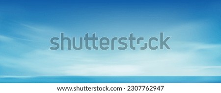 Sky Blue Background.Clear sky,cloud over sea beach.Horizon summer landscape before sunset.Vector sunrise with bright sun light in sunny day spring.Cartoon Nature with dramatic white cloudy in evening 