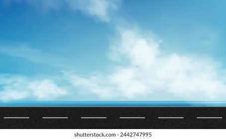 Sky Blue Background,Cloud Horizontal with Empty Concrete Floor texture,Vector Panoramic Spring sky with dark grey asphalt in morning,Summer sky with cloudy over black Cement Rough Surface