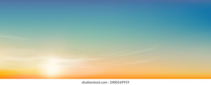 Sky Blue Background,Horizon Clear Sky,Cloud Over Beach in Summer Evening,Vector illustration Landscape Sunset Field,Panorama Banner Nature Sun with Sunrise in Yellow,Orange Sky in Morning Spring