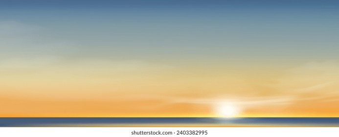 Sky Blue Background,Horizon Clear Sky,Cloud Over Beach in Summer Evening,Vector illustration Landscape Sunset Field,Panorama Banner Nature Sun with Sunrise in Yellow,Orange Sky in Morning Spring