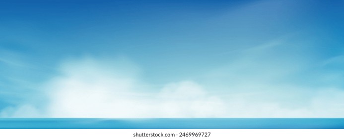 Fondo azul del cielo, paisaje del horizonte amanecer en la playa del verano con cielo claro y nube, Anuncio panorámico del Vector antes del cielo de la puesta del sol sobre el océano azul en primavera