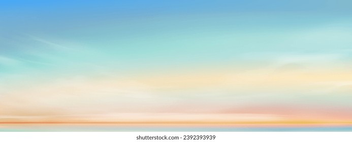 Sky Blue Background, Horizon Pastel Clear Sky mit Wolke Over Beach, Vektorgrafik Schöner Landschaftsmorgendlicher Sonnenaufgang, Panorama Nature Sunset Field, Cartoon Cloudy im Sommer