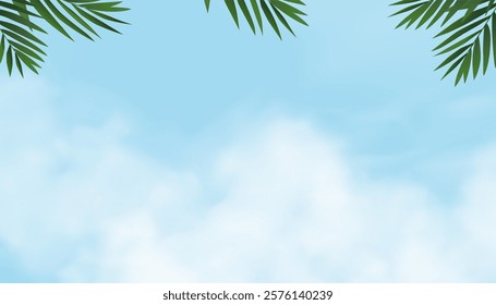 Sky Blue Background,Summer Clear Sky Cloud,Green Palm leaf Border frame.Sunny day with sunlight morning,Vector Horizon Nature Landscape daylight in afternoon Spring, illustration Banner weather season