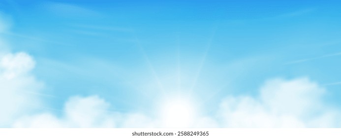 Sky blue background,Summer clear sky with cloud,sun over beach.Vector cartoon nature background of Spring before sunset with bright sunlight,Horizon landscape for Summer vibes banner