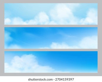 Fundo azul do céu, céu claro do verão, nuvem branca sobre o mar, horizonte de desenhos animados vetoriais paisagem da natureza da primavera e luz do sol, fundo da natureza para banner da web, papel de parede da tela, design de decoração de cartão Panorama 	