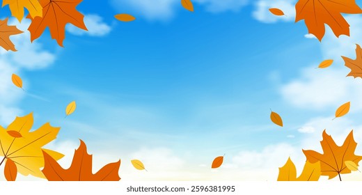 Sky blue background,Yellow,Orange Maple leaves flying on Autumn sky with dramatic cloud,Horizon landscape fall season of abstract cloudy,Vector cartoon for Thanksgiving banner,card,invitation,poster