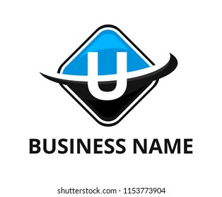 sky blue and black color circular square box get slice into half logo graphic design with modern clean style for technology industry company with initial type letter u on it