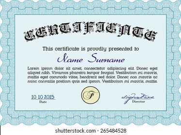 Sky blue Certificate, Diploma of completion with guilloche pattern and background, border, frame. Certificate of Achievement, Certificate of education, awards, winner.